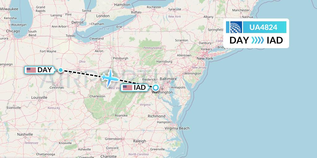 UA4824 United Airlines Flight Map: Dayton to Washington