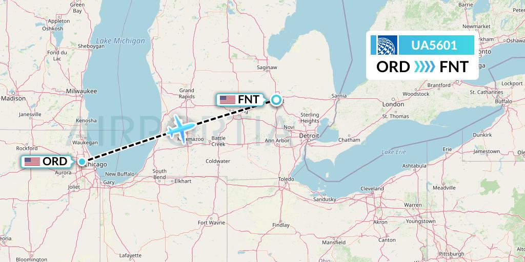 UA5601 United Airlines Flight Map: Chicago to Flint