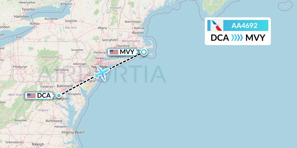 AA4692 American Airlines Flight Map: Washington to Martha's Vineyard