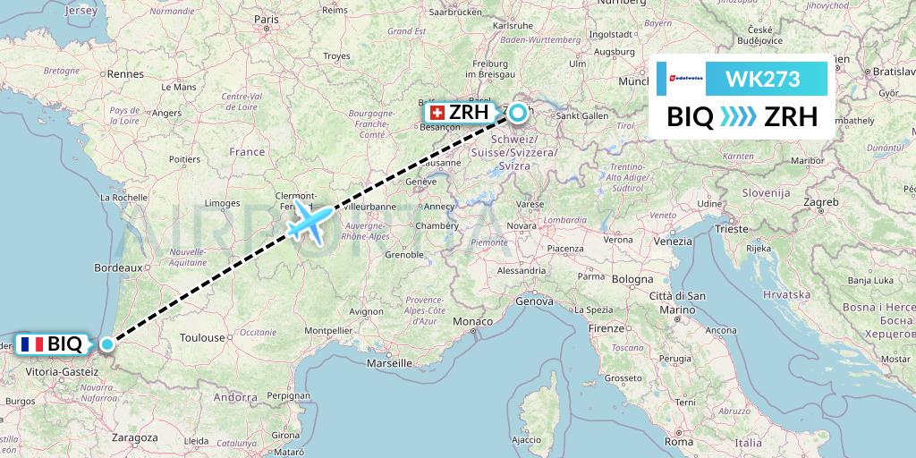 WK273 Edelweiss Air Flight Map: Biarritz to Zurich