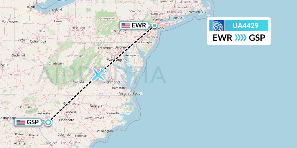 UA4429 United Airlines Flight Map: New York to Greenville-Spartanburg