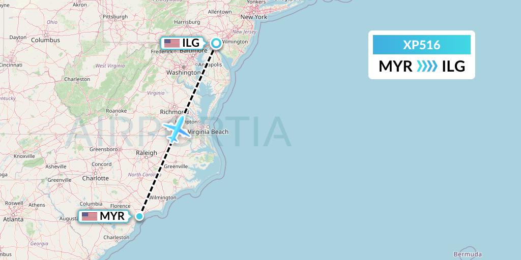XP516 Avelo Airlines Flight Map: Myrtle Beach to Wilmington