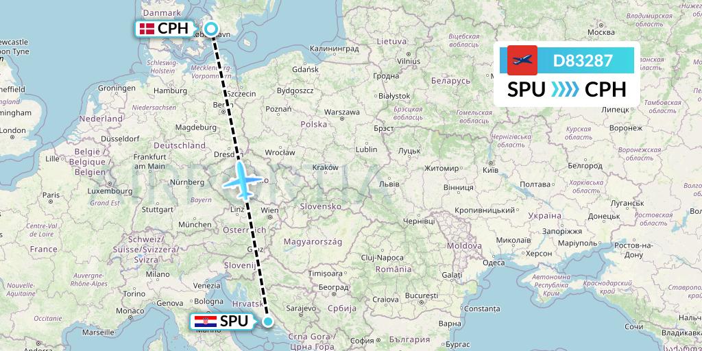 D83287 Norwegian Air International Flight Map: Split to Copenhagen