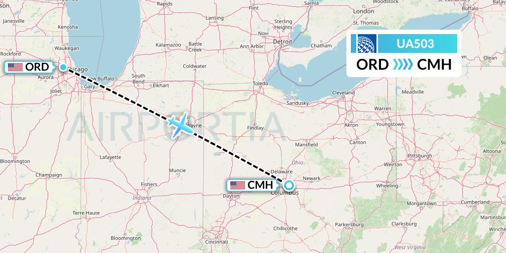 UA503 United Airlines Flight Map: Chicago to Columbus