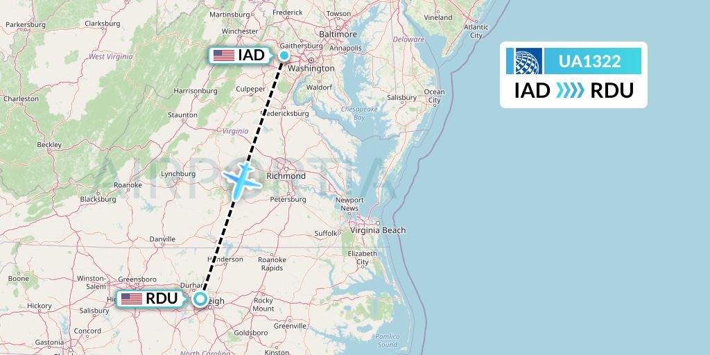 UA1322 United Airlines Flight Map: Washington to Raleigh-Durham