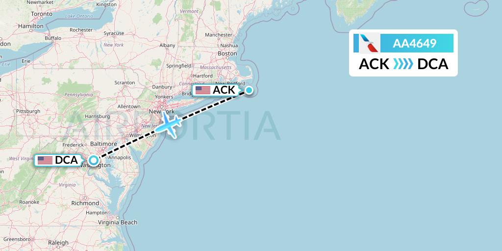 AA4649 American Airlines Flight Map: Nantucket to Washington
