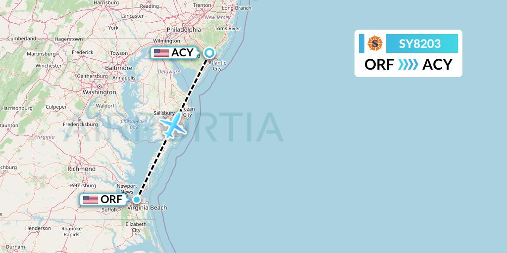 SY8203 Sun Country Airlines Flight Map: Norfolk to Atlantic City