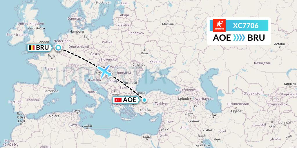 XC7706 Corendon Airlines Flight Map: Eskisehir to Brussels