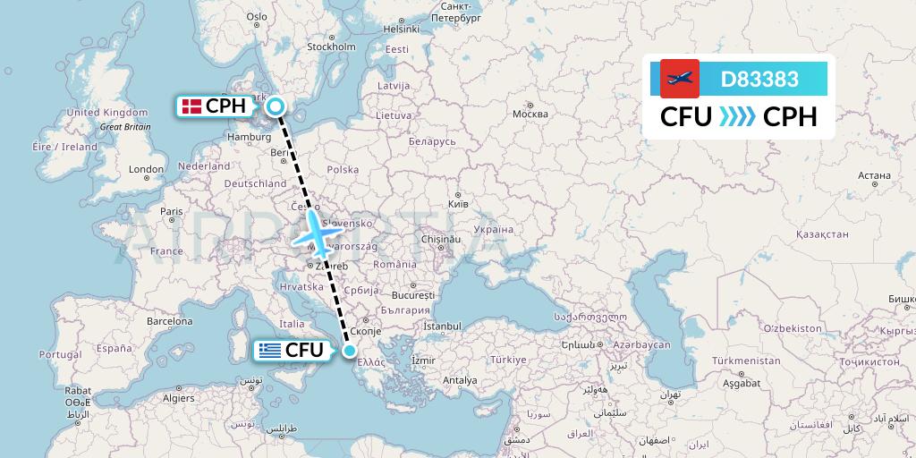 D83383 Norwegian Air International Flight Map: Corfu to Copenhagen