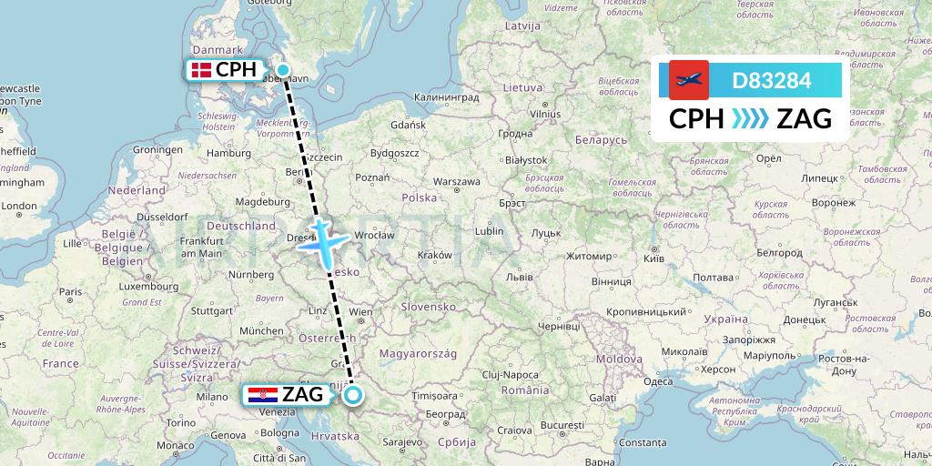 D83284 Norwegian Air International Flight Map: Copenhagen to Zagreb