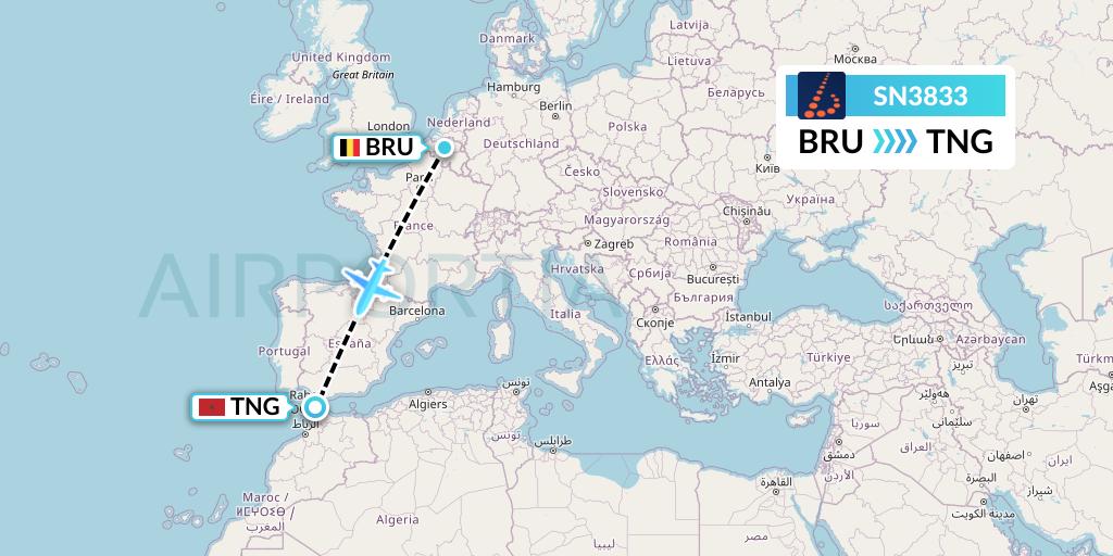 SN3833 Brussels Airlines Flight Map: Brussels to Tangier