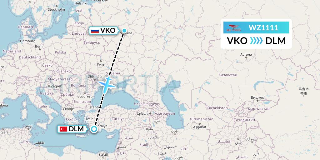 WZ1111 Red Wings Flight Map: Moscow to Dalaman