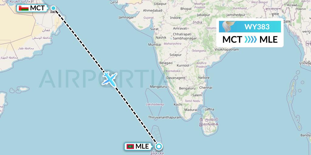 WY383 Oman Air Flight Map: Muscat to Male