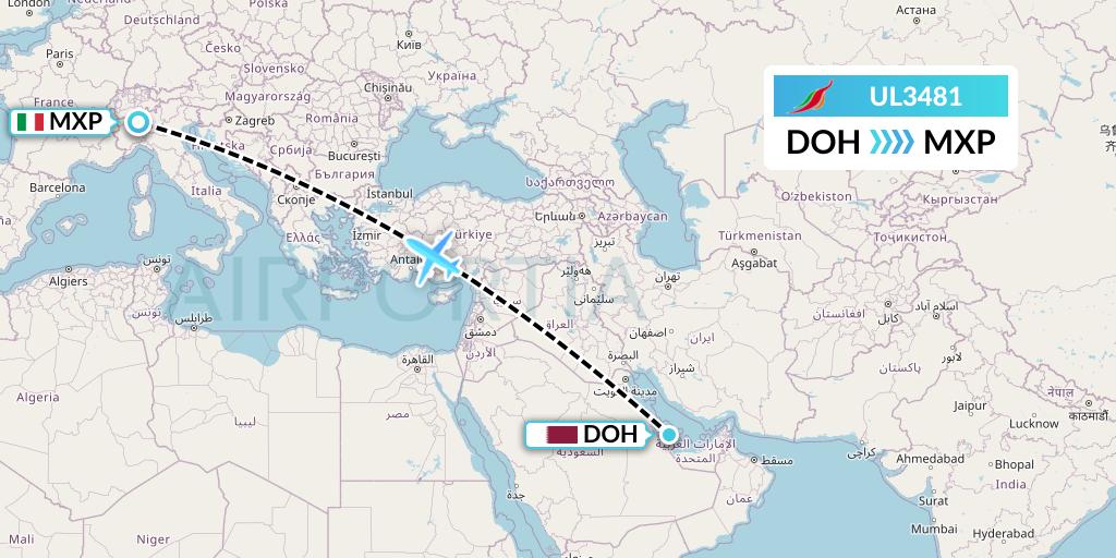 UL3481 SriLankan Airlines Flight Map: Doha to Milan