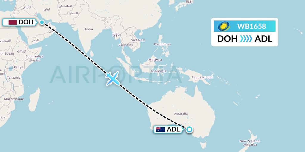WB1658 RwandAir Flight Map: Doha to Adelaide