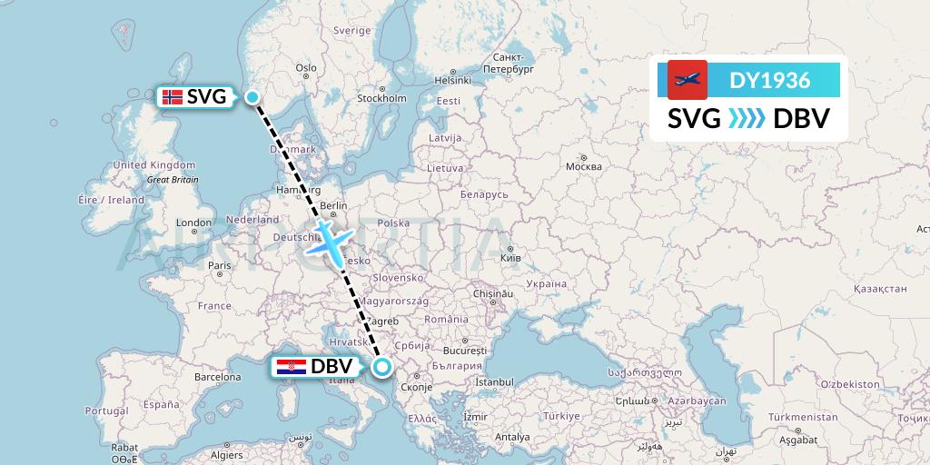 DY1936 Norwegian Flight Map: Stavanger to Dubrovnik