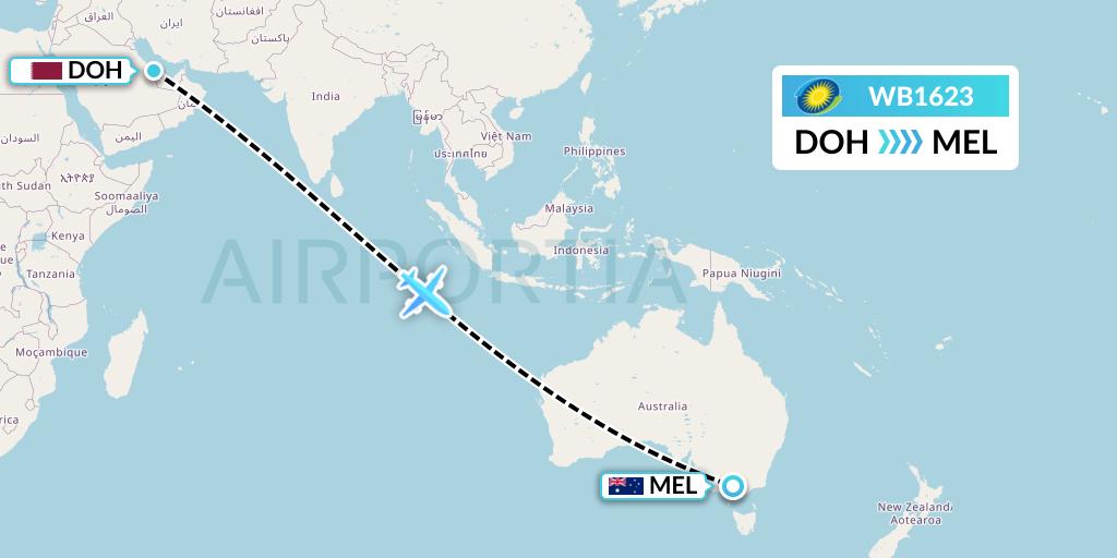 WB1623 RwandAir Flight Map: Doha to Melbourne