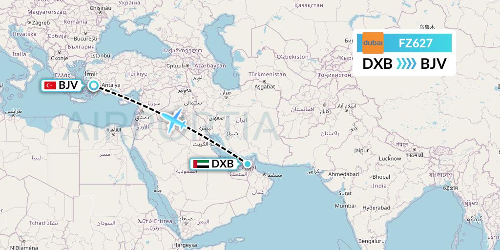 FZ627 FlyDubai Flight Map: Dubai to Bodrum