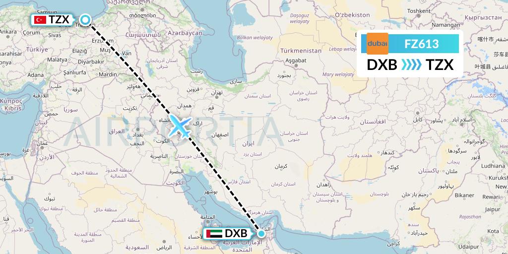 FZ613 FlyDubai Flight Map: Dubai to Trabzon