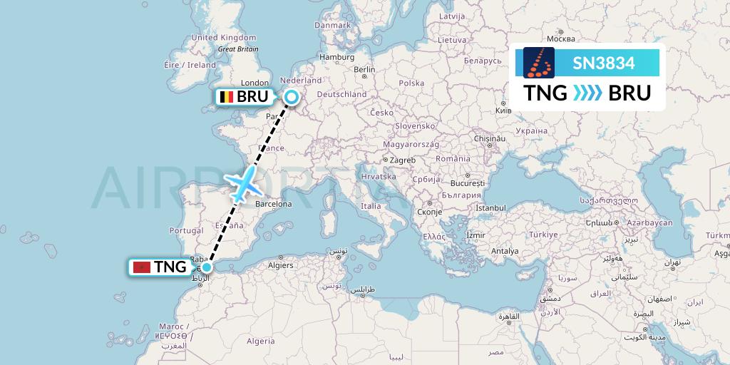 SN3834 Brussels Airlines Flight Map: Tangier to Brussels