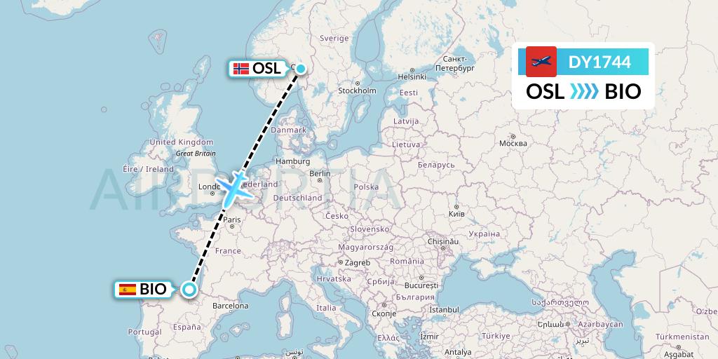 DY1744 Norwegian Flight Map: Oslo to Bilbao