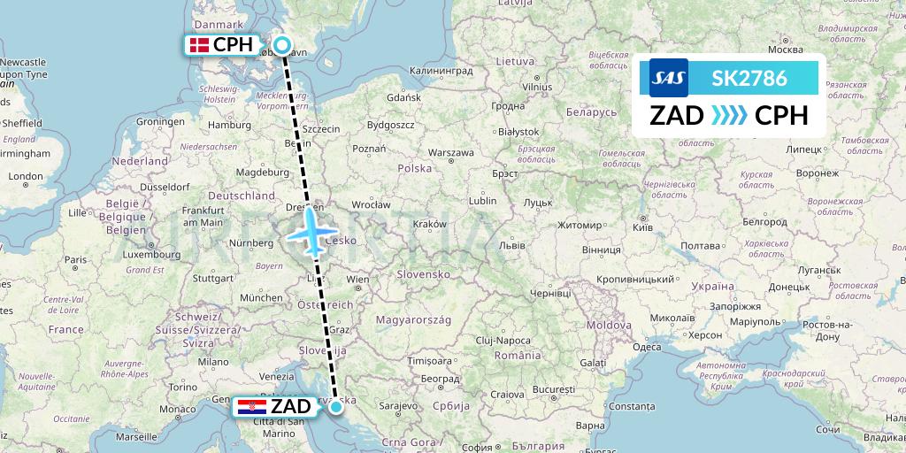 SK2786 SAS Flight Map: Zadar to Copenhagen