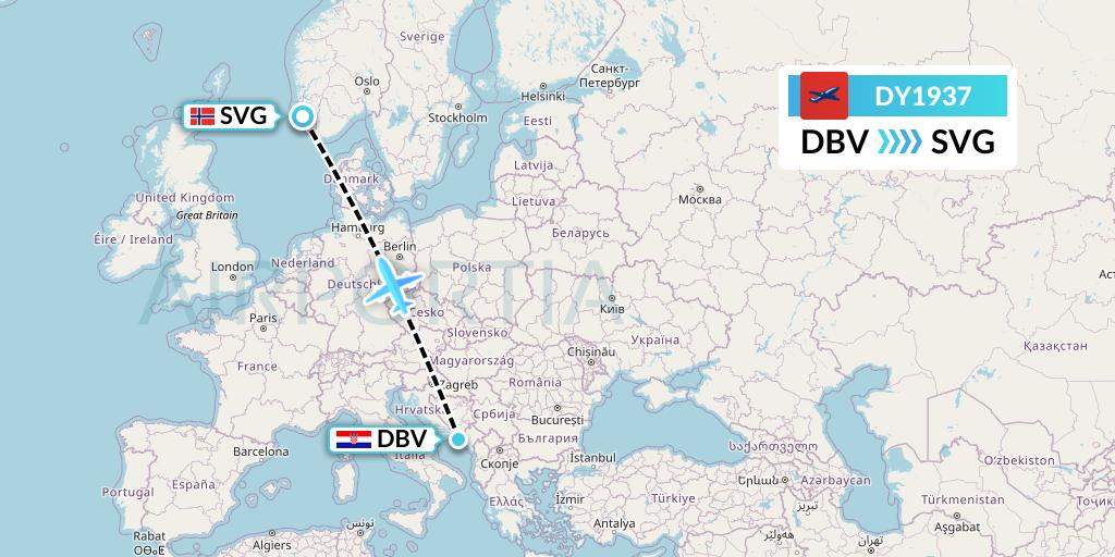 DY1937 Norwegian Flight Map: Dubrovnik to Stavanger