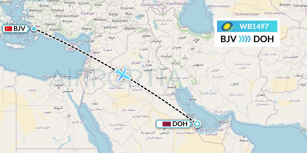 WB1497 RwandAir Flight Map: Bodrum to Doha