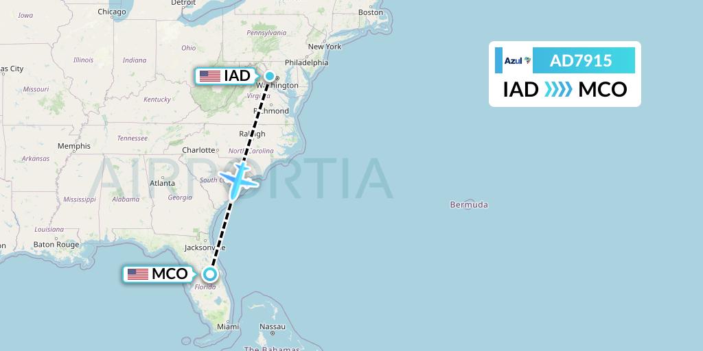 AD7915 Azul Brazilian Airlines Flight Map: Washington to Orlando