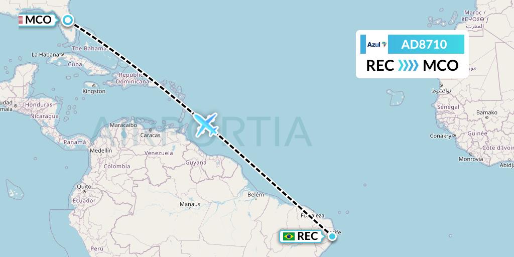 AD8710 Azul Brazilian Airlines Flight Map: Recife to Orlando