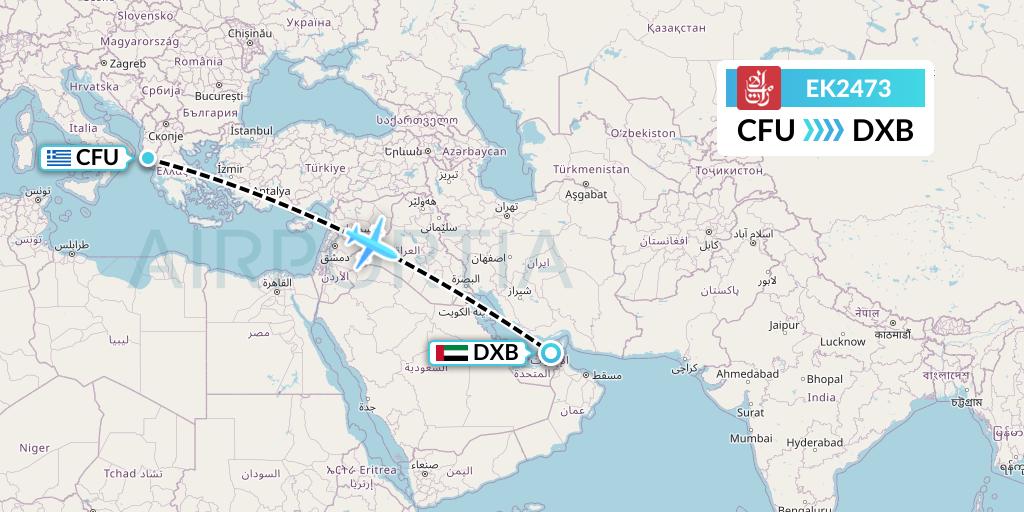 EK2473 Emirates Flight Map: Corfu to Dubai