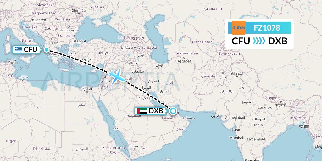 FZ1078 FlyDubai Flight Map: Corfu to Dubai