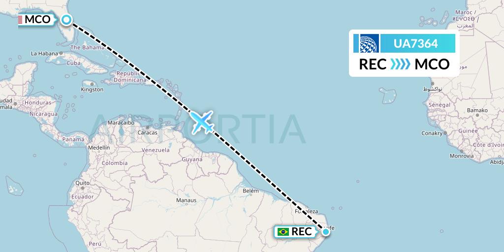UA7364 United Airlines Flight Map: Recife to Orlando