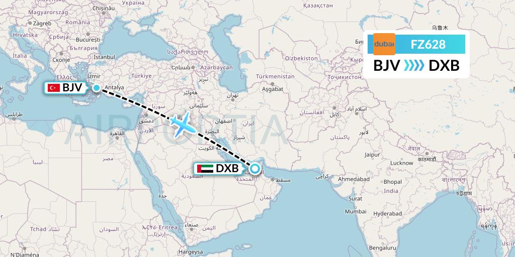 FZ628 FlyDubai Flight Map: Bodrum to Dubai