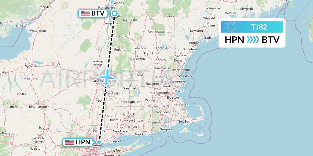 TJ82 Tradewind Aviation Flight Map: White Plains to Burlington