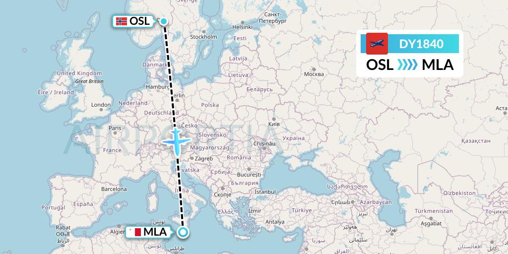 DY1840 Norwegian Flight Map: Oslo to Malta