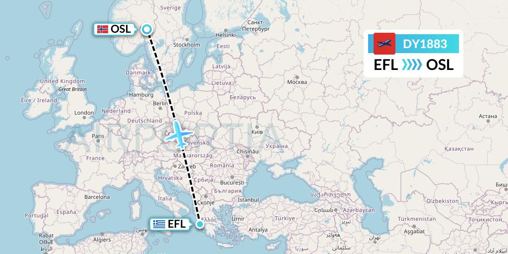 DY1883 Norwegian Flight Map: Kefalonia to Oslo