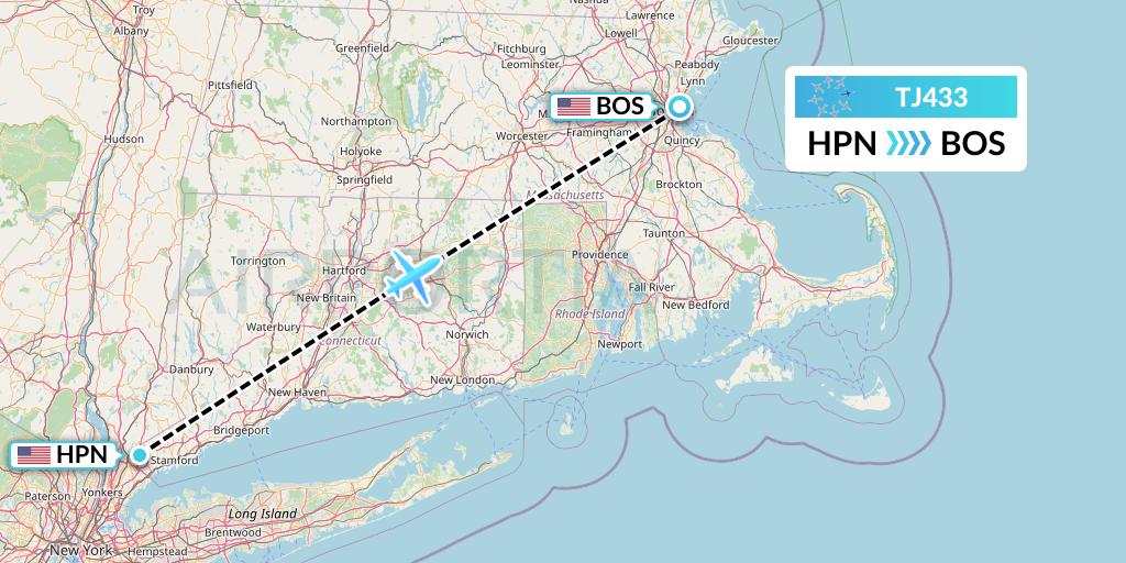 TJ433 Tradewind Aviation Flight Map: White Plains to Boston