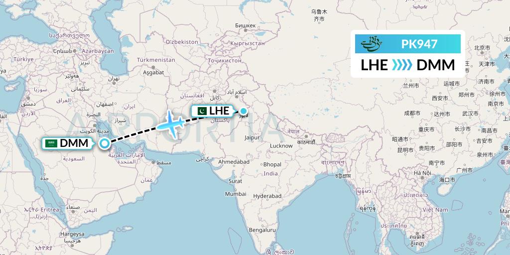 PK947 Pakistan International Airlines Flight Map: Lahore to Dammam