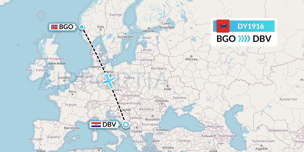 DY1916 Norwegian Flight Map: Bergen to Dubrovnik