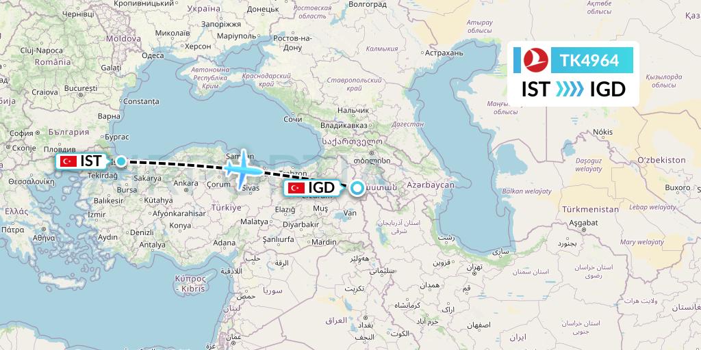 TK4964 Turkish Airlines Flight Map: Istanbul to Igdir