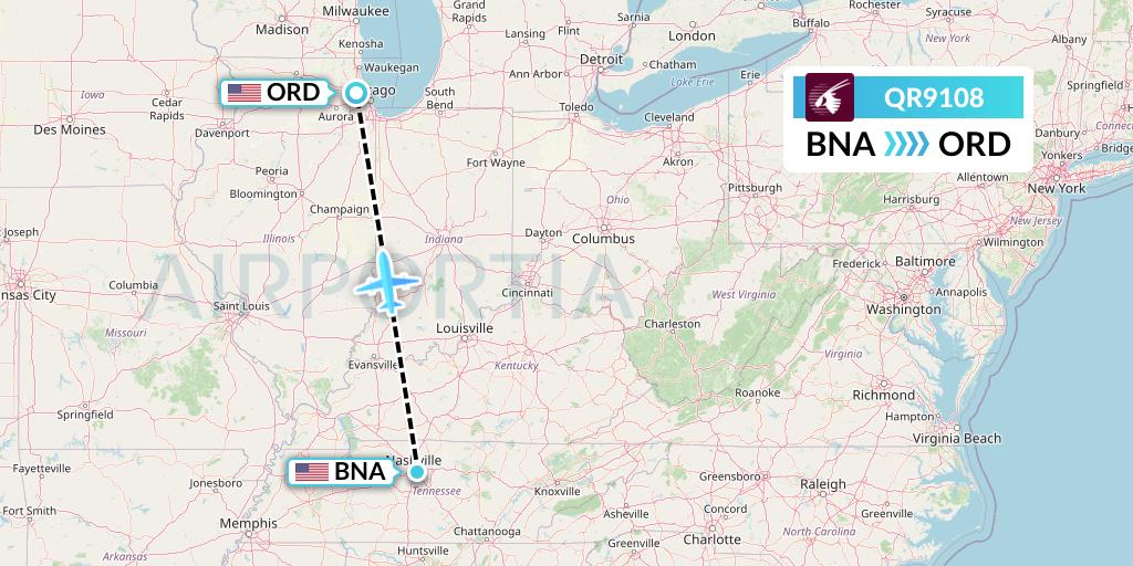 QR9108 Qatar Airways Flight Map: Nashville to Chicago