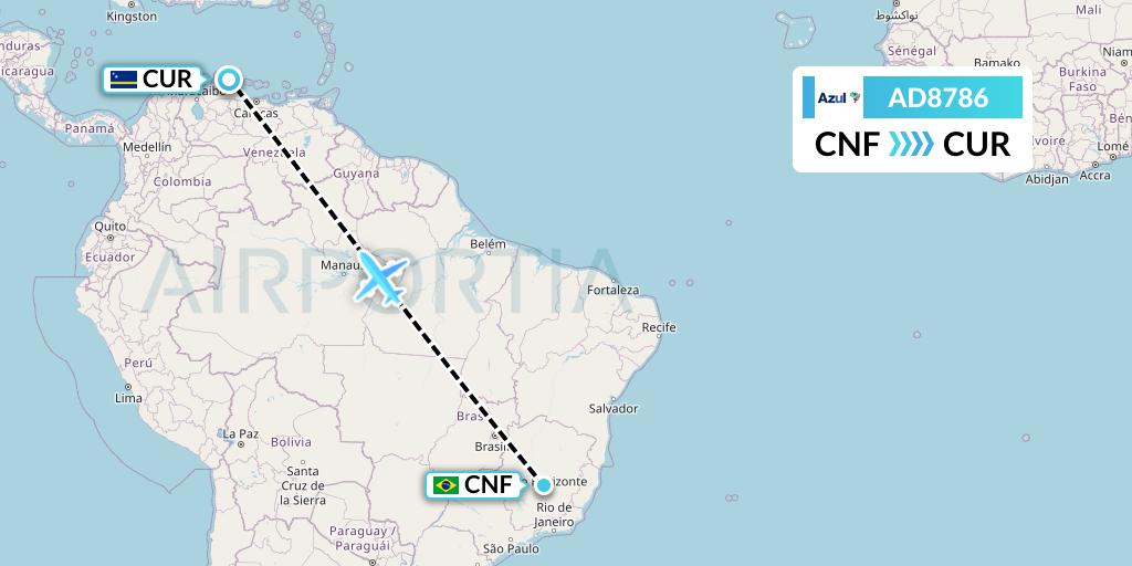 AD8786 Azul Brazilian Airlines Flight Map: Belo Horizonte to Willemstad