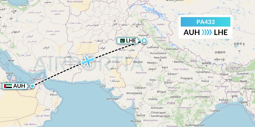 PA433 AirBlue Flight Map: Abu Dhabi to Lahore