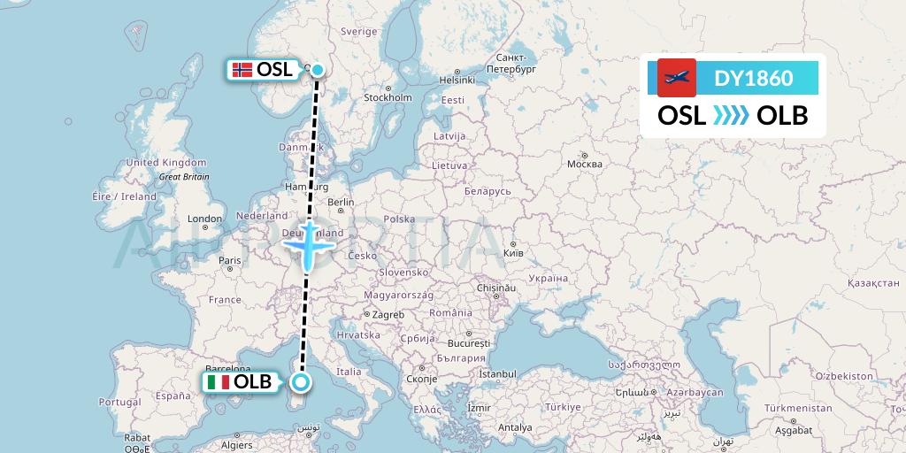 DY1860 Norwegian Flight Map: Oslo to Olbia