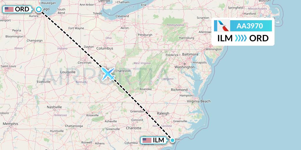 AA3970 American Airlines Flight Map: Wilmington to Chicago