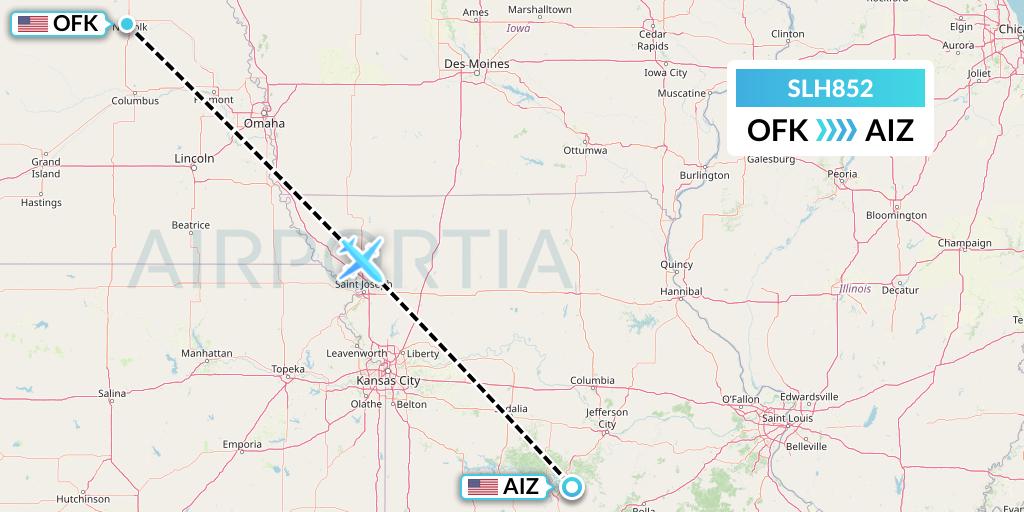 SLH852 Silverhawk Aviation Flight Map: Norfolk to Kaiser Lake Ozark