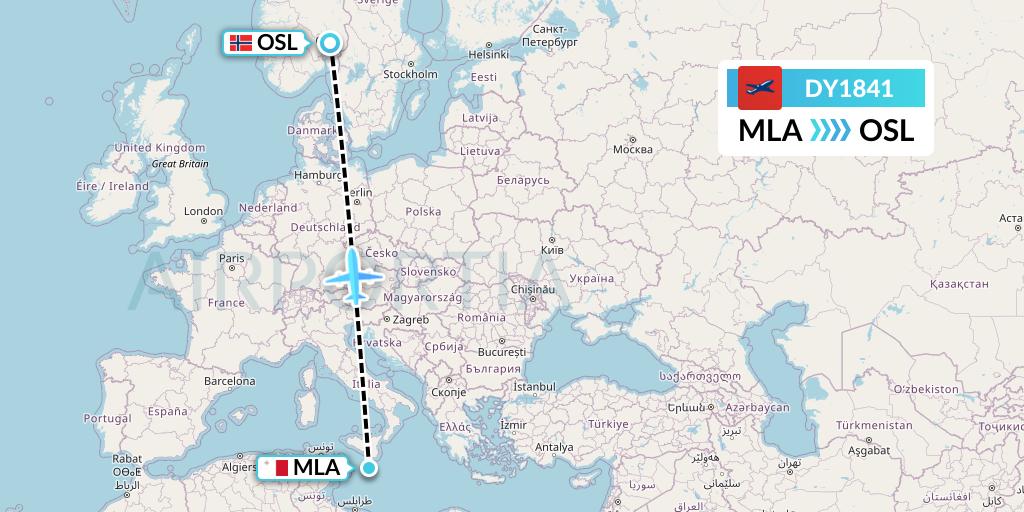 DY1841 Norwegian Flight Map: Malta to Oslo