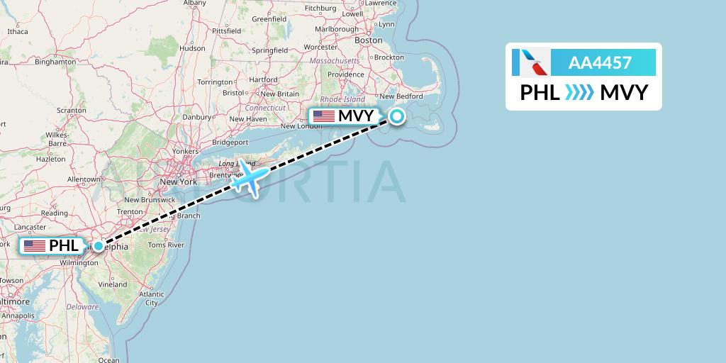 AA4457 American Airlines Flight Map: Philadelphia to Martha's Vineyard