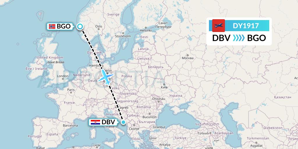 DY1917 Norwegian Flight Map: Dubrovnik to Bergen